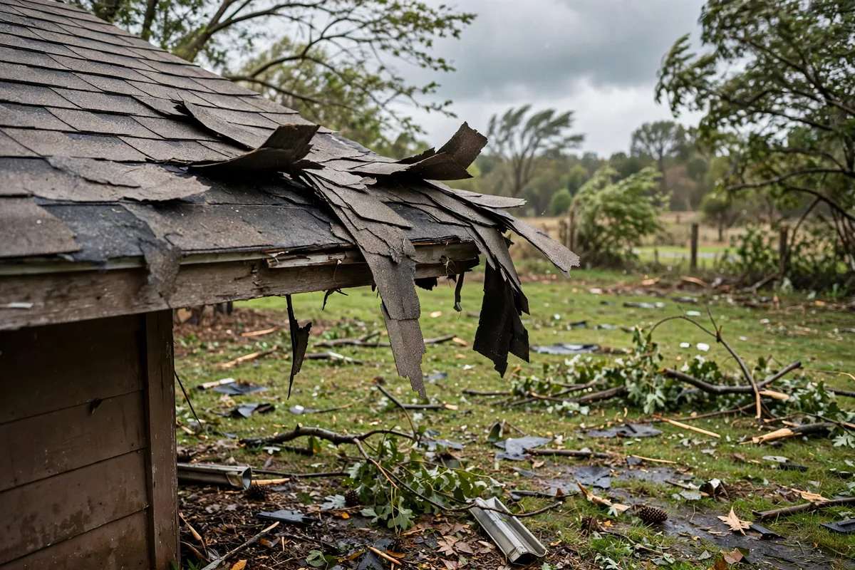Wind-damaged roof edge with lifted shingles and yard debris.