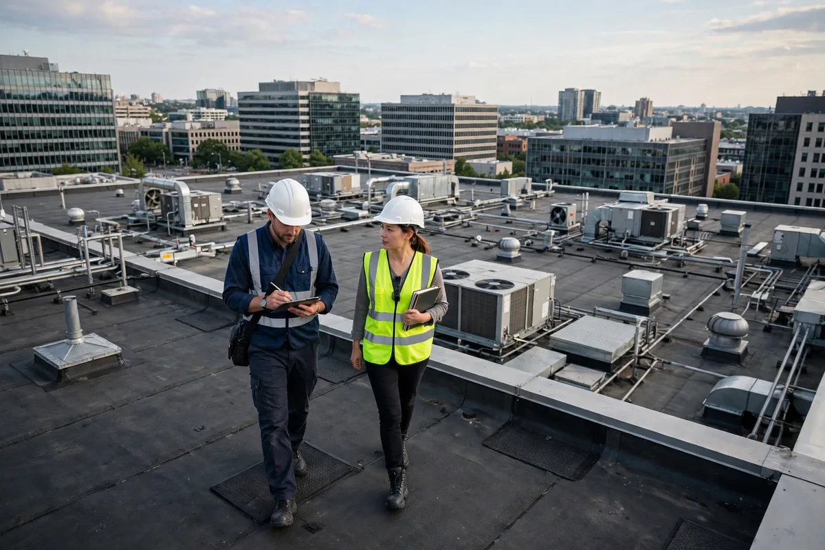 Two inspectors walking a large flat commercial roof with vents and HVAC units.