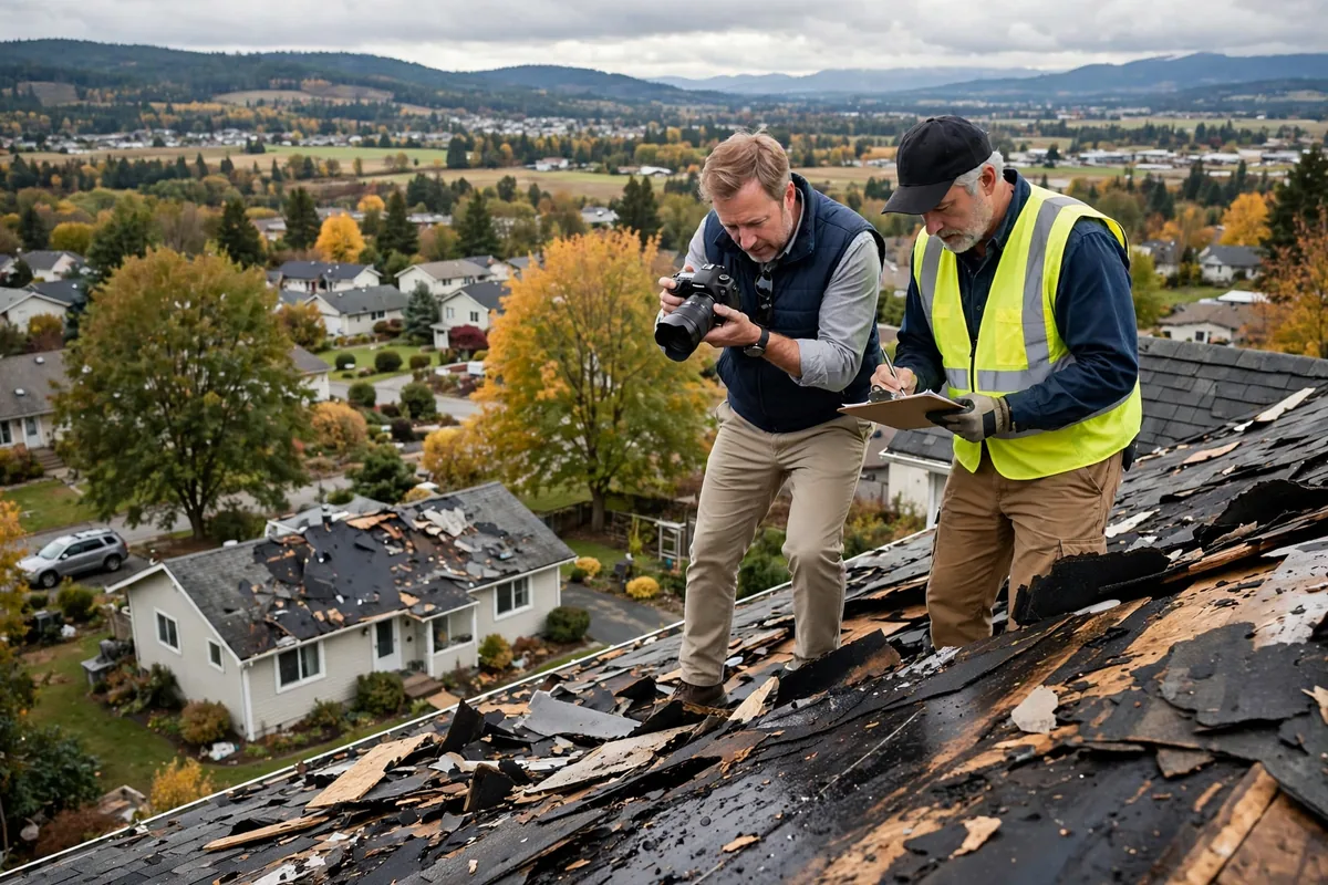 Adjuster and inspector documenting roof damage together for an insurance claim.